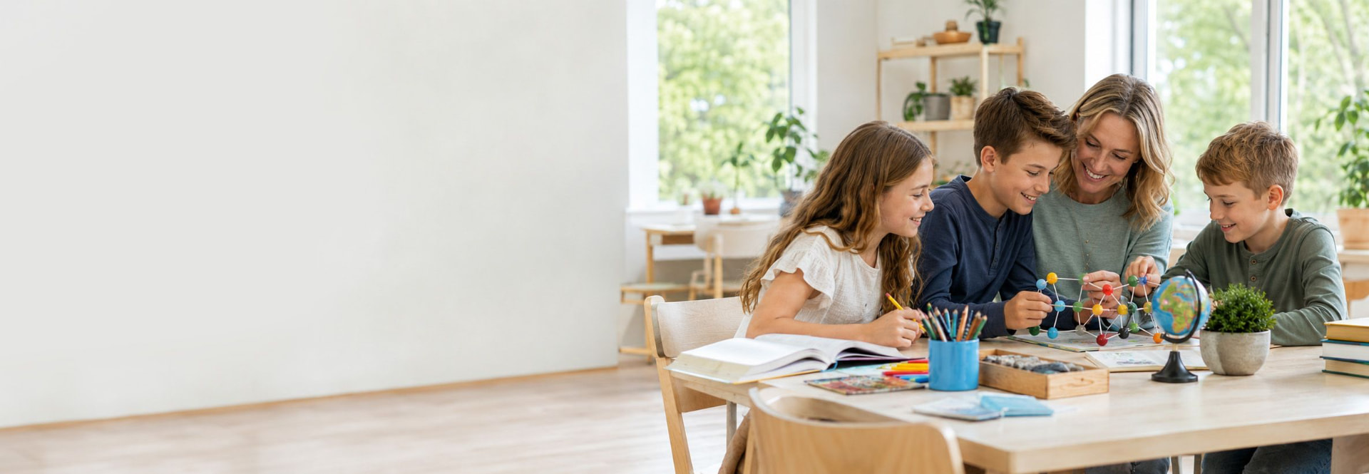 A mother and three children learning together at a bright kitchen table